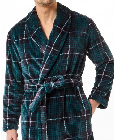 Detail view of long green plaid double breasted dinner jacket collar coat