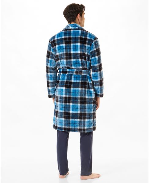 Rear view of men's long blue chequered dressing gown with side pockets