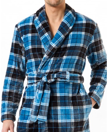 Detail view of men's blue checked double-breasted dinner jacket with dinner jacket collar