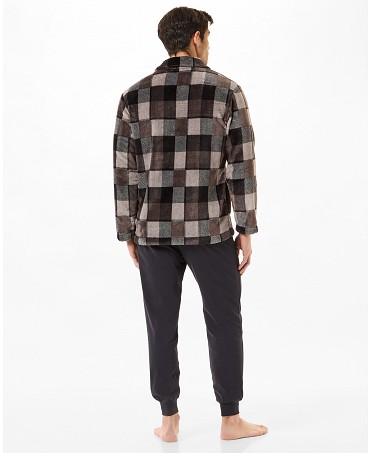 Rear view man in short checked flannel coat