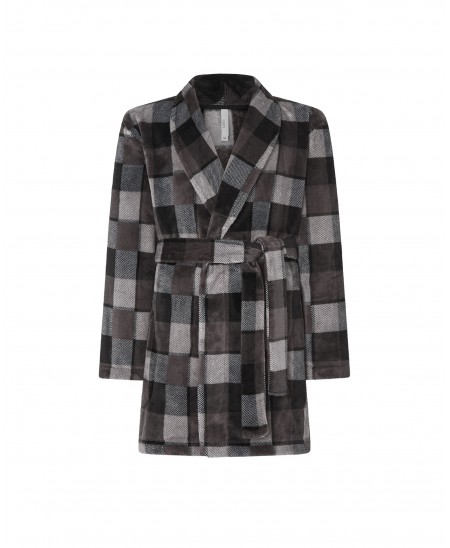 Dinner jacket collar short coat with long sleeves, long checkered sleeves and side pockets