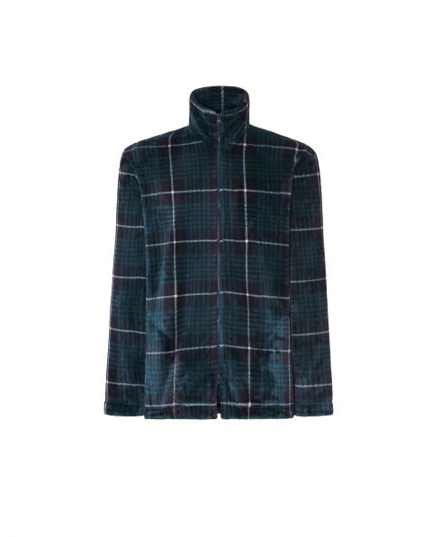 Men's short dressing gown with zip and pockets in green checked flannel