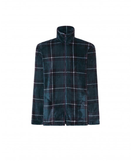 Men's short dressing gown with zip and pockets in green checked flannel