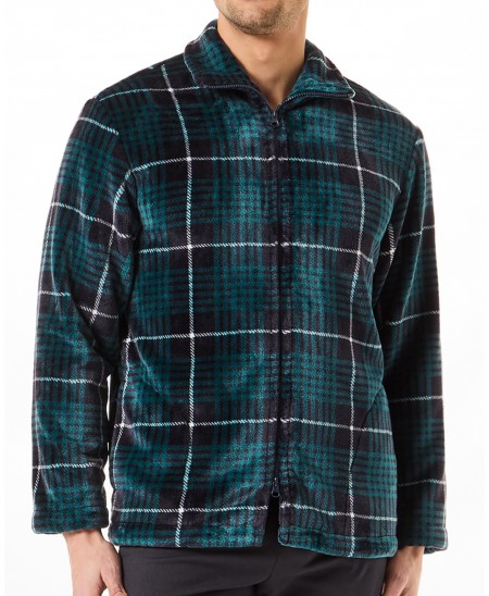 Detail view men's short flannel coat with zip and pockets