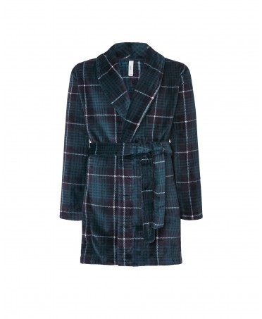 Green and blue short knotted checked dressing gown with pockets
