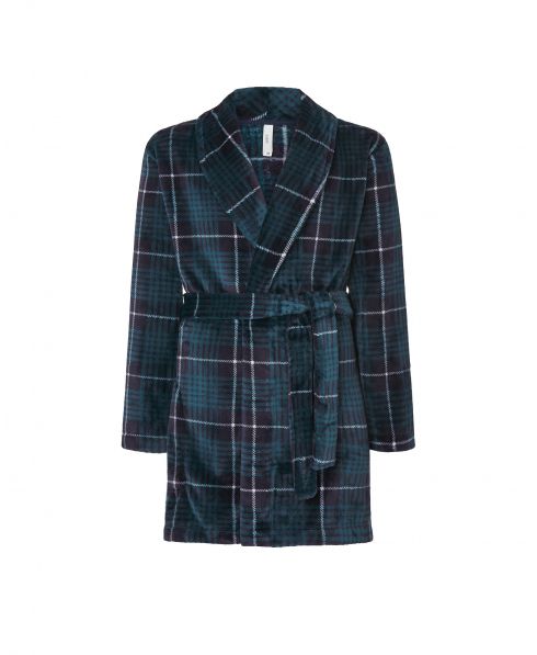 Green and blue short knotted checked dressing gown with pockets