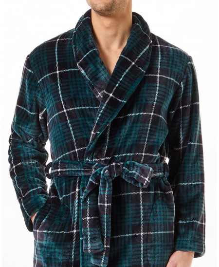 Detail of short green and blue checked knotted dressing gown with pockets