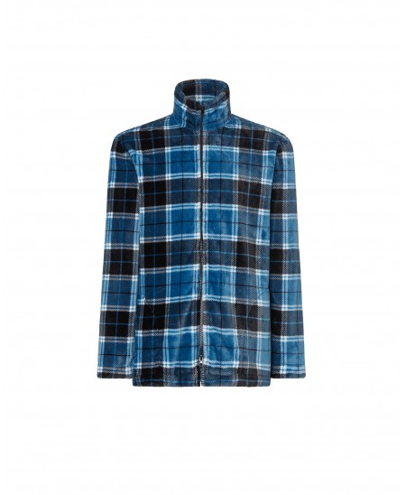 Blue and white checked short coat with zip fastener