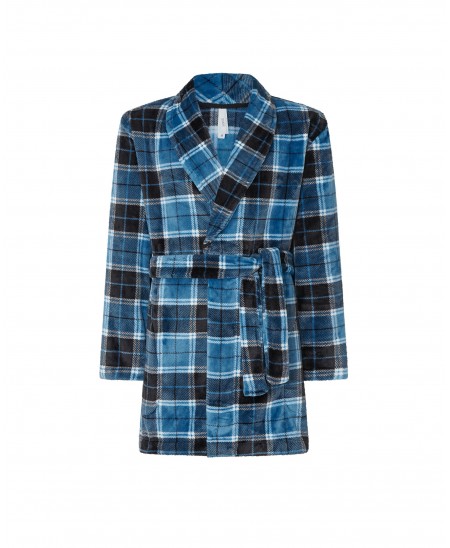 Short navy and blue checked knotted dressing gown