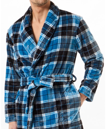 Detail of blue checked knotted dressing gown and pockets