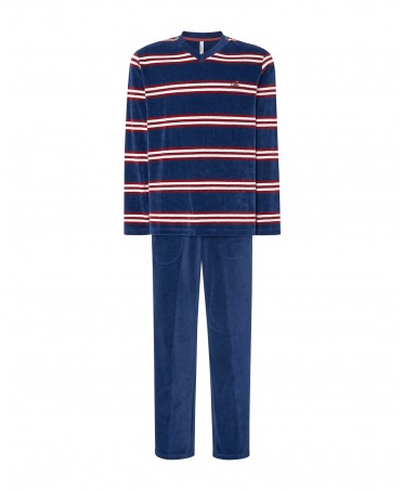 Lohe men's long pyjamas, velvet striped print jacket, long sleeve V-neck, plain velvet long trousers.