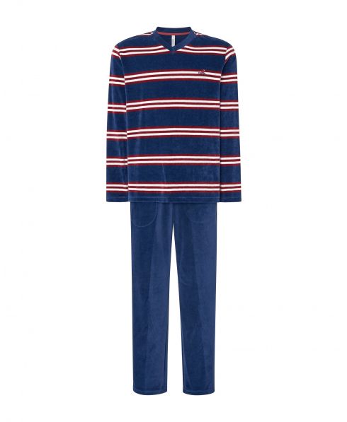 Pijama largo Lohe de hombre, chaqueta estampado rayas terciopelo, cuello pico manga larga, pantalón largo terciopelo liso.
