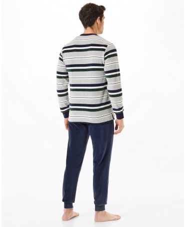 Rear view of men's long pyjamas with striped jacket and cuffs and plain trousers