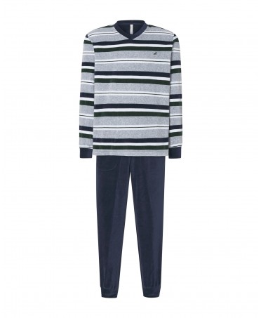 Men's long pyjamas, velvet striped V-neck jacket with cuffs and long trousers