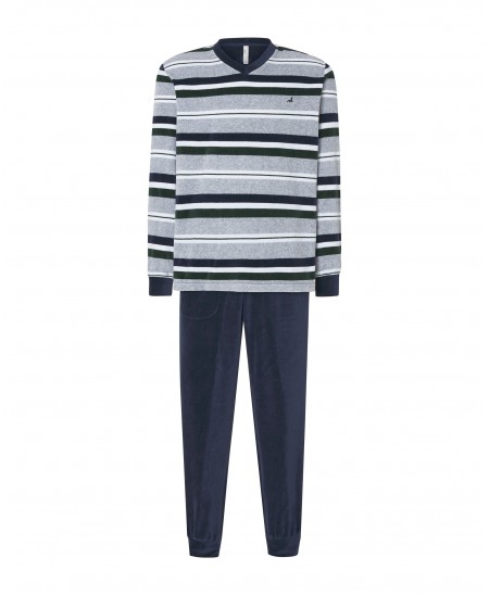 Men's long pyjamas, velvet striped V-neck jacket with cuffs and long trousers