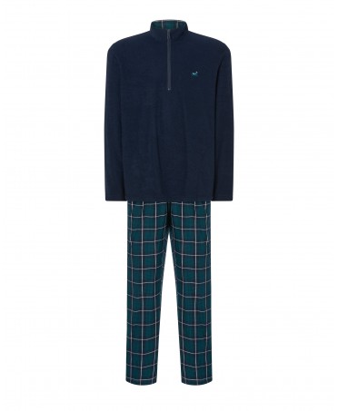 Lohe men's long pyjamas, long sleeve plain jacket, collar with zip, long trousers with check print.