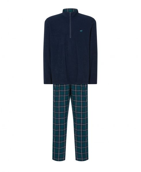 Lohe men's long pyjamas, long sleeve plain jacket, collar with zip, long trousers with check print.