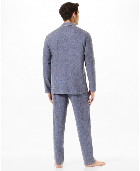 Rear view of men's long-sleeved plain blue pyjamas
