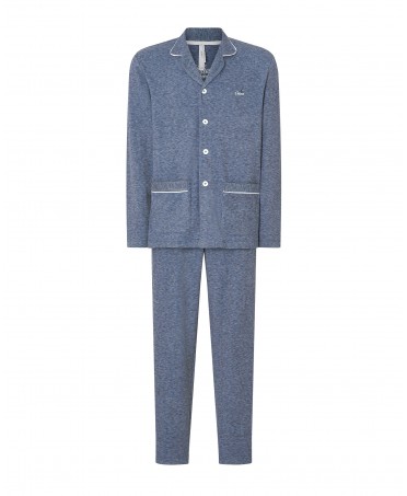 Pijama largo de hombre, chaqueta azul con vivo lisa abierta con botones manga larga, pantalón largo liso.