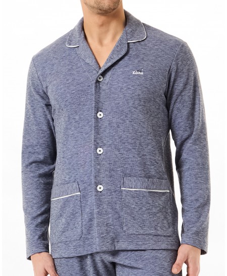 Detail view of long-sleeved plain pyjama jacket open with buttons in blue colour