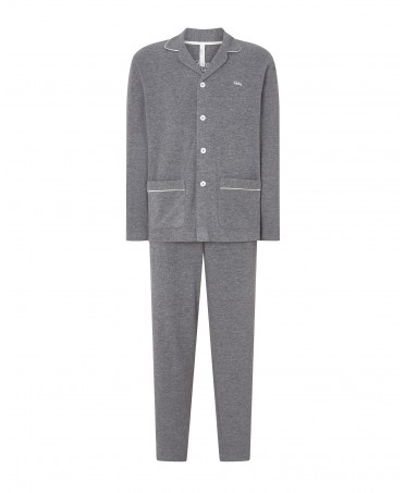 Men's long pyjamas, grey jacket with plain piping open with long sleeve buttons, plain long trousers.