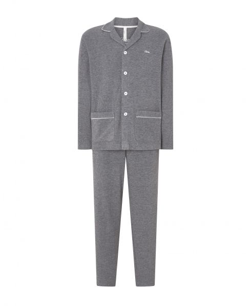 Men's long pyjamas, grey jacket with plain piping open with long sleeve buttons, plain long trousers.