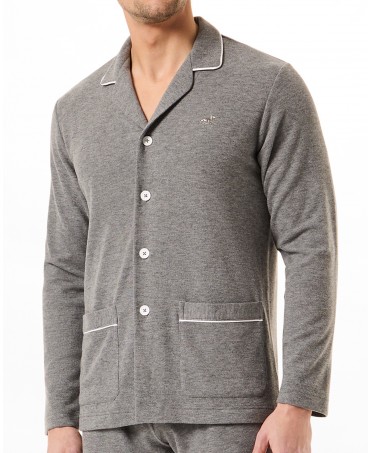 Detail view of long sleeved plain pyjama jacket open with grey buttons