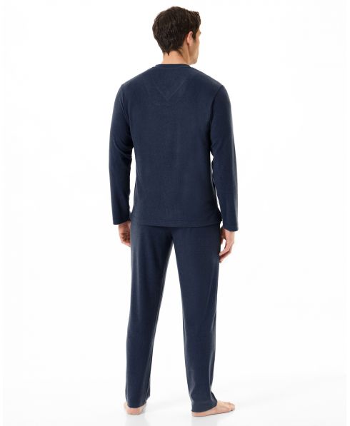 Rear view of men's knitted pyjamas with long sleeves and round collar