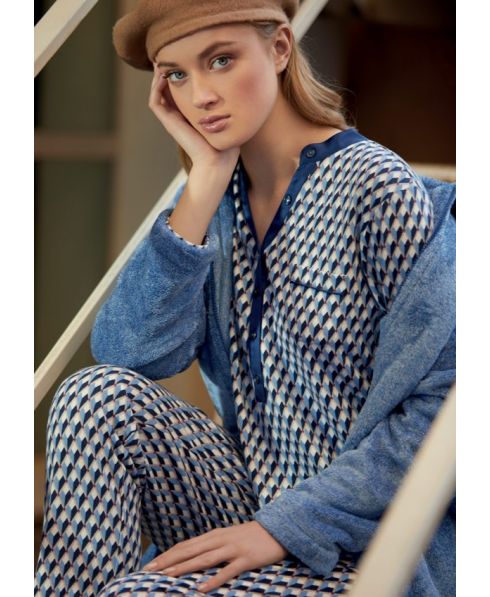 Woman in blue winter dressing gown with zip and pockets
