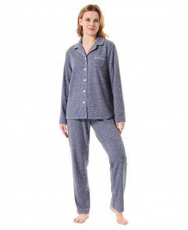 Women's navy long pyjamas with long sleeve jacket, open with buttons with piping, and long trousers with piping.