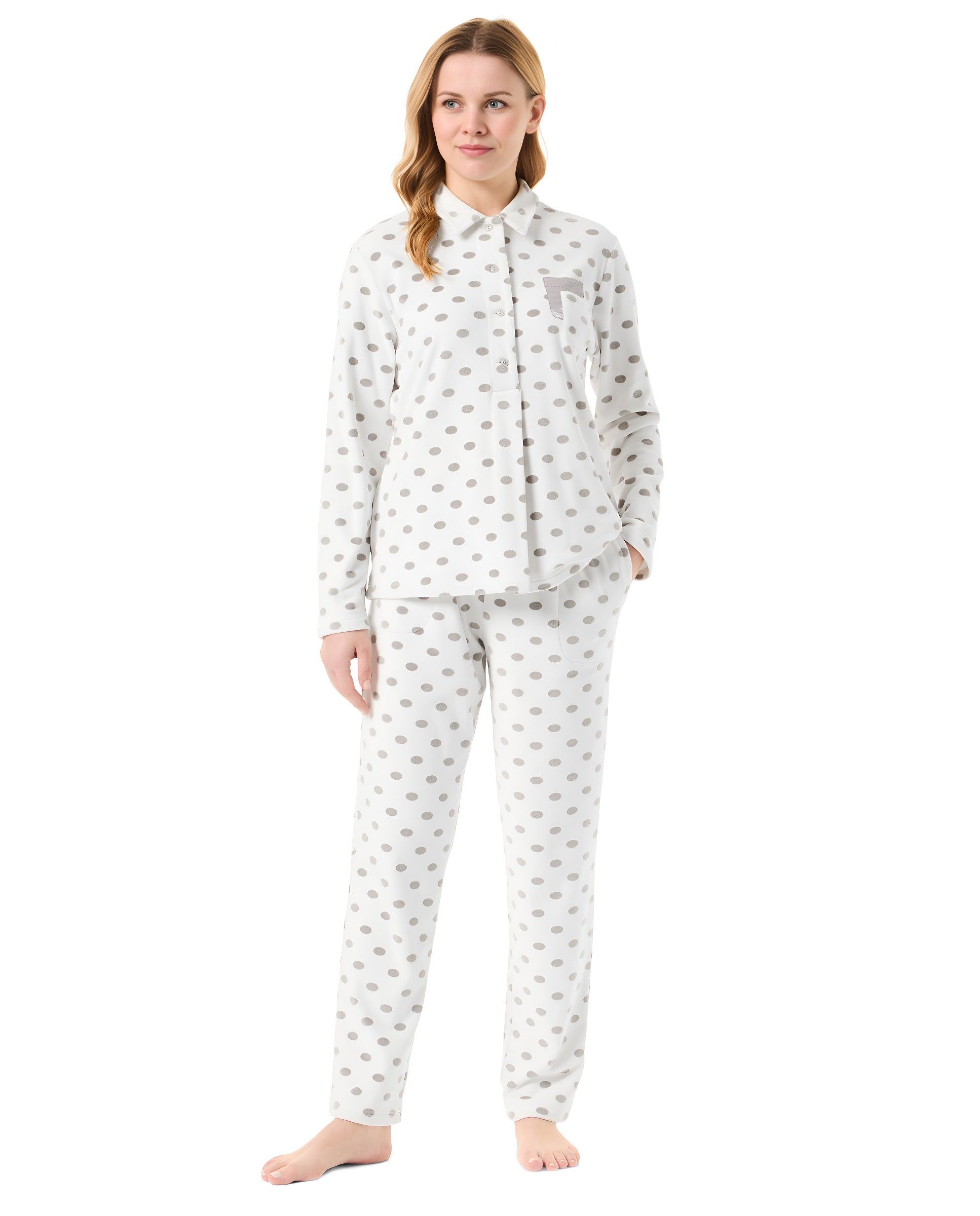 Women's long velvet pyjamas open jacket with polka dot pattern
