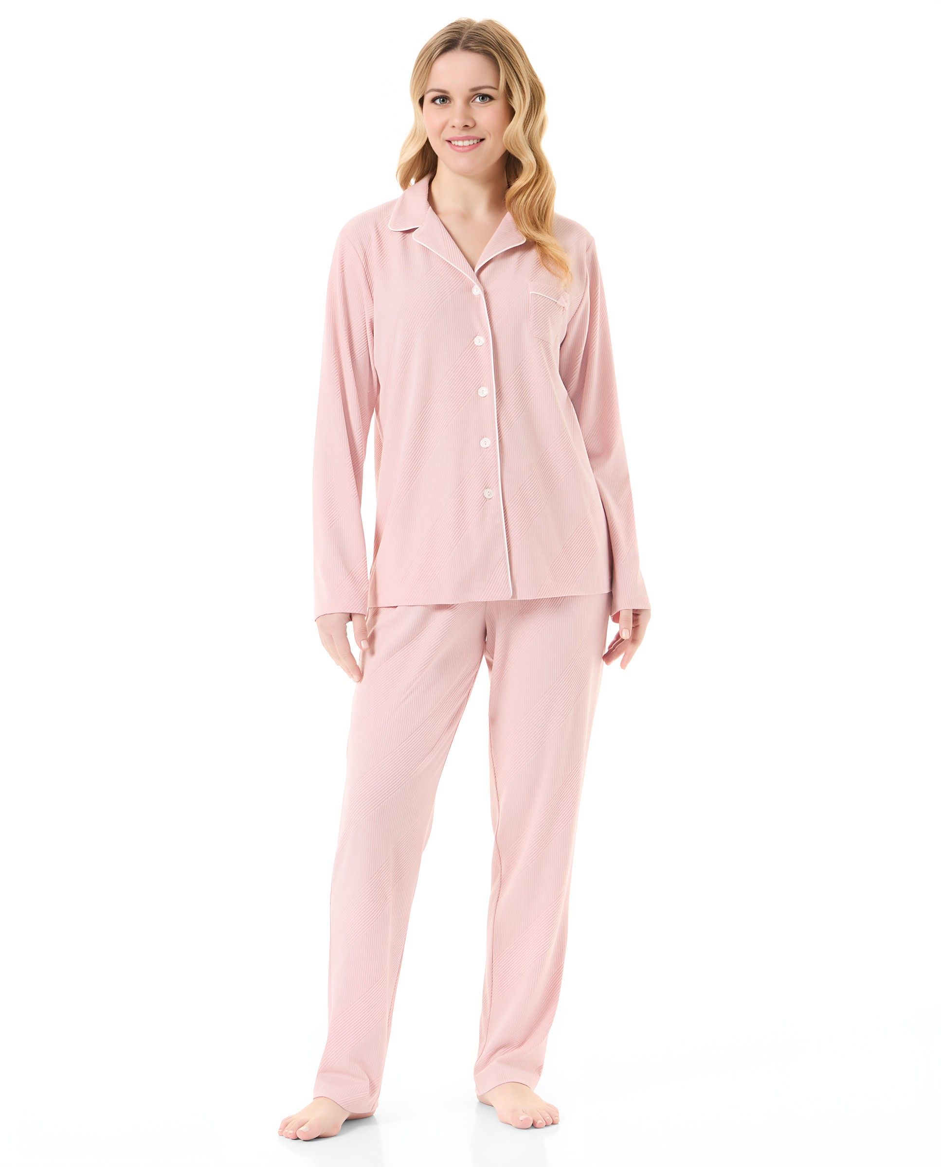 Mujer con pijama de invierno largo, chaqueta lisa abierta con botones manga larga, canalé relieve, pantalón largo liso