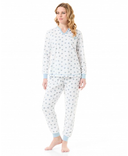 Women's long-sleeved winter pyjamas with cuffs and leaf print