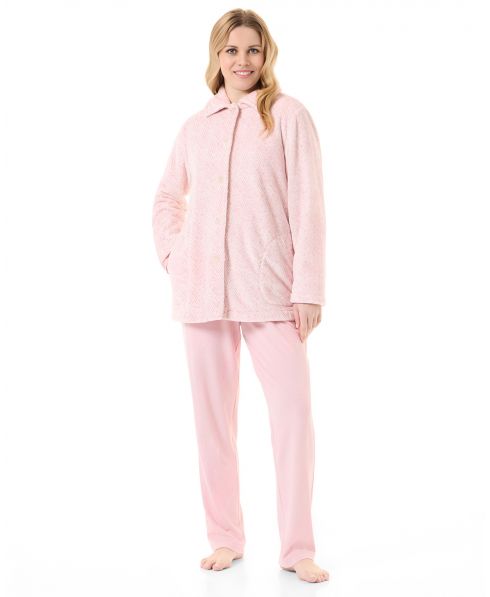 Woman in pink herringbone woven short winter gown