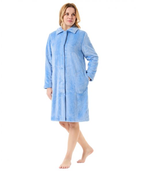 Women's blue striped jacquard woven long dressing gown with side pockets.