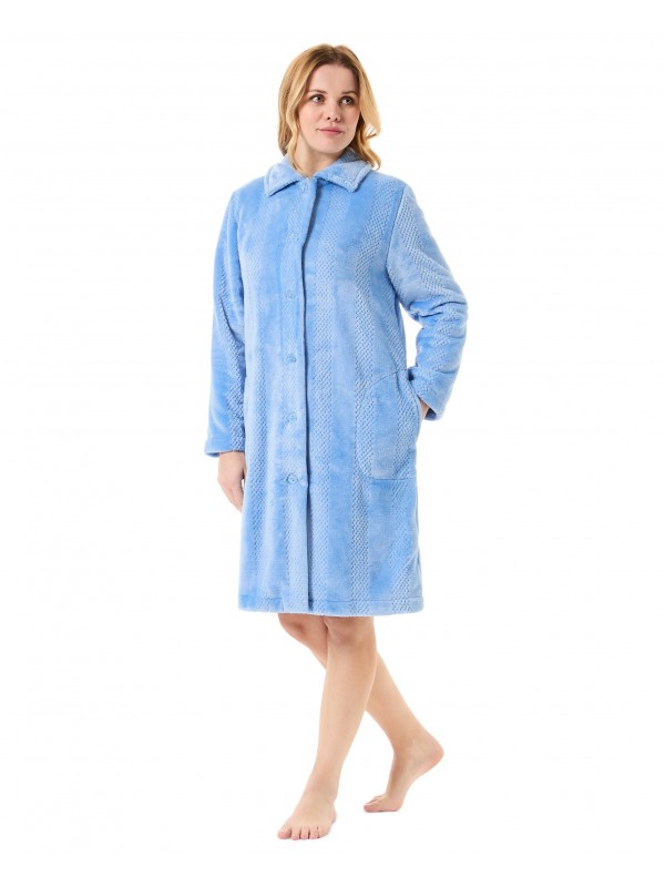 Women's blue striped jacquard woven long dressing gown with side pockets.