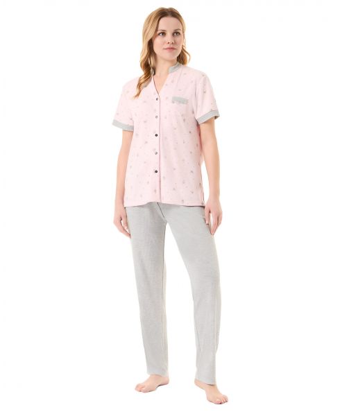 Lohe women's long pyjamas, summery, short sleeve, butterfly print.