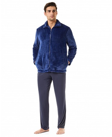 Bata azul corta para hombre, con cremallera frontal, manga larga, diseño liso y prácticos bolsillos laterales
