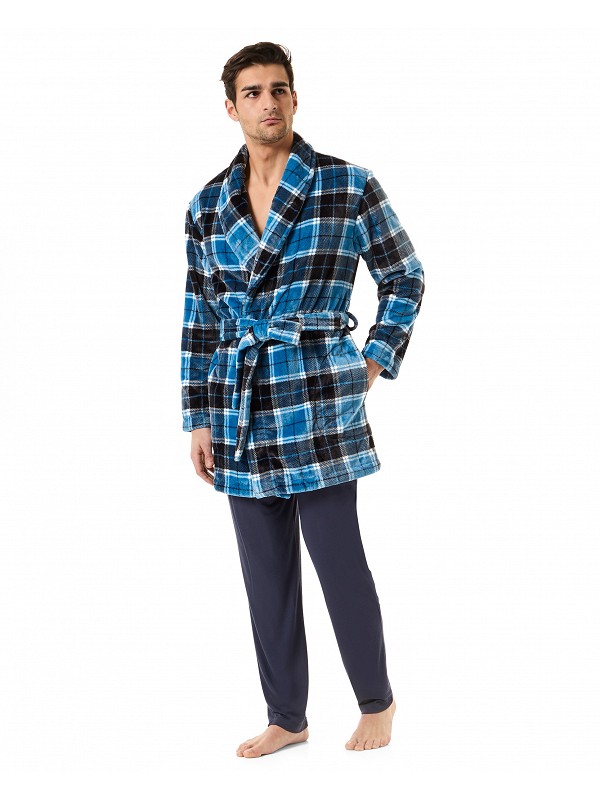 A man dressed in a short navy and blue checked dressing gown.