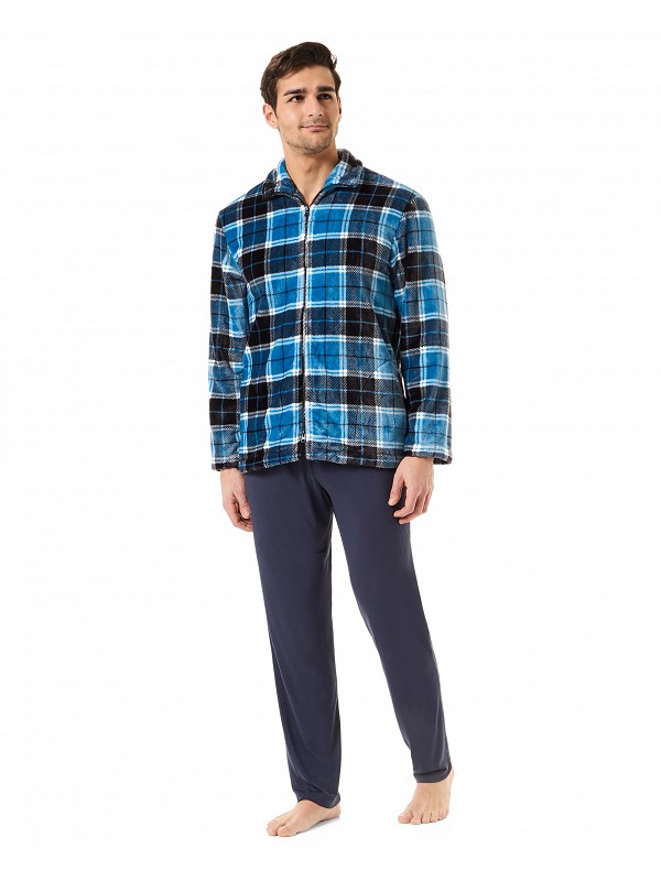 Stylish men's short dressing gown with zip fastening and an attractive check pattern in shades of blue.
