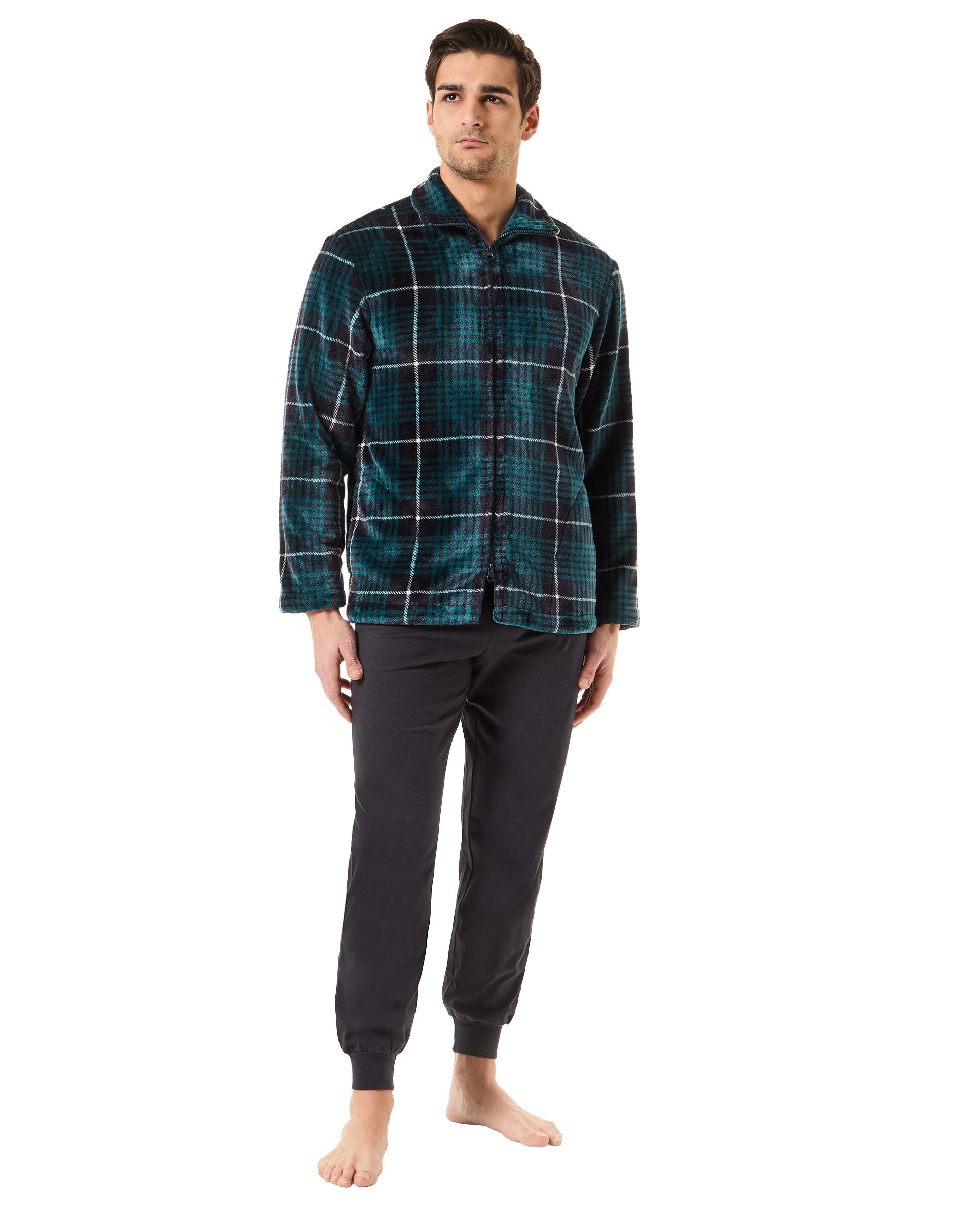 Men's short flannel dressing gown with zip and pockets