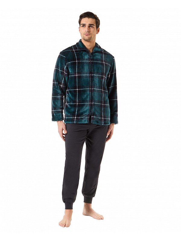 Men's short flannel dressing gown with zip and pockets