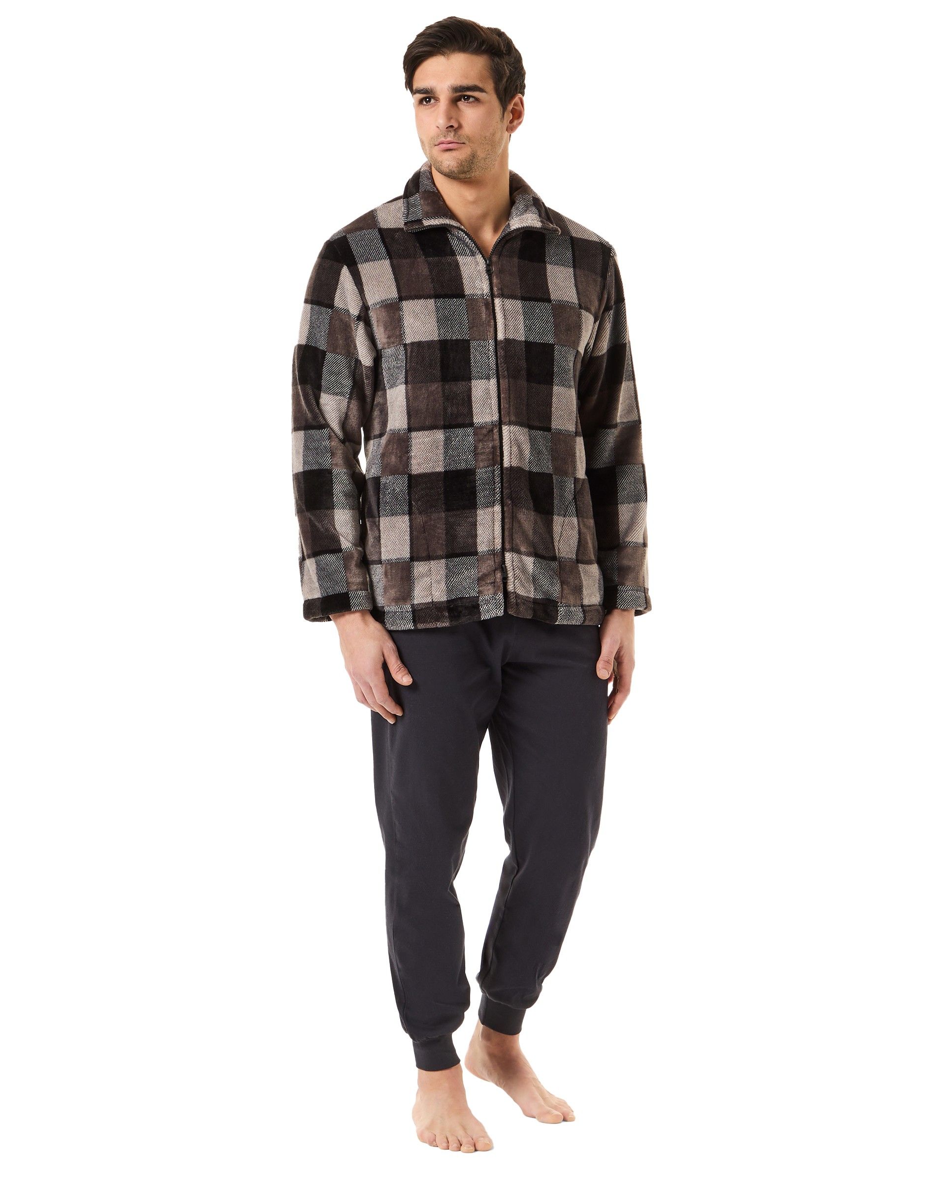 Man in short checked flannel coat with zip fastening