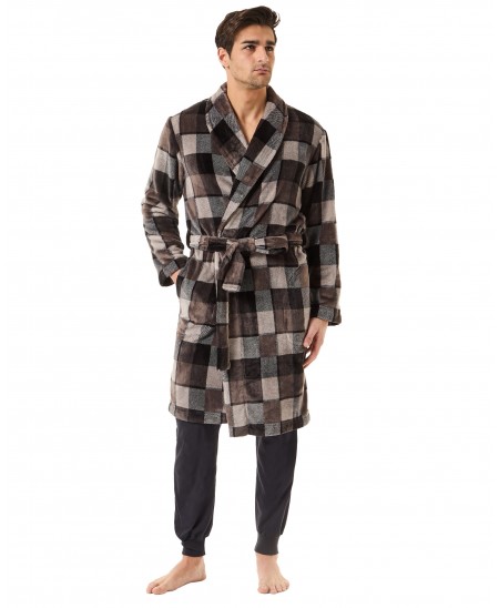 Men's long winter coat, long-sleeved double-breasted dinner jacket collar, check print, and side pockets.