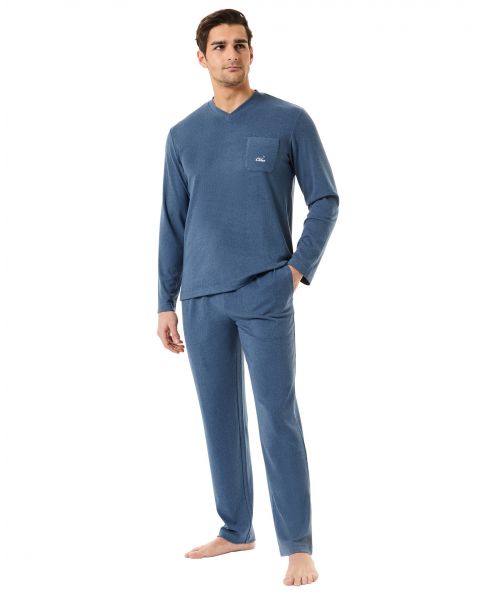 Men's plain long-sleeved winter pyjamas with V-neck collar