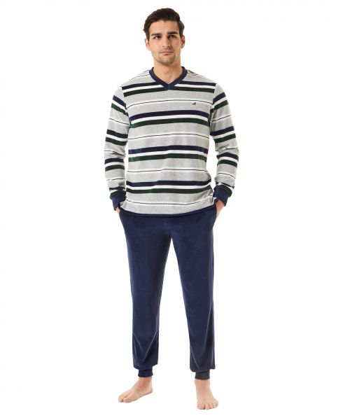 Man with green striped velvet winter pyjamas