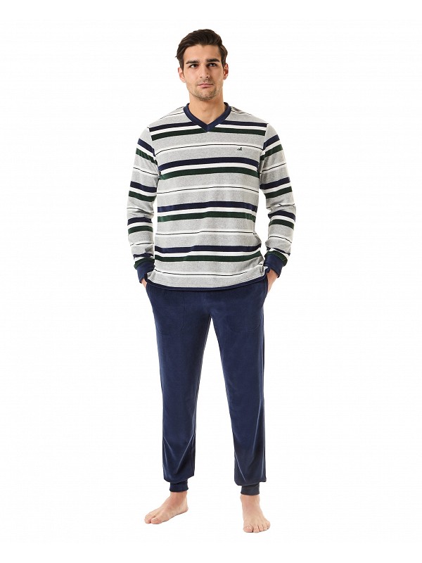 Man with green striped velvet winter pyjamas