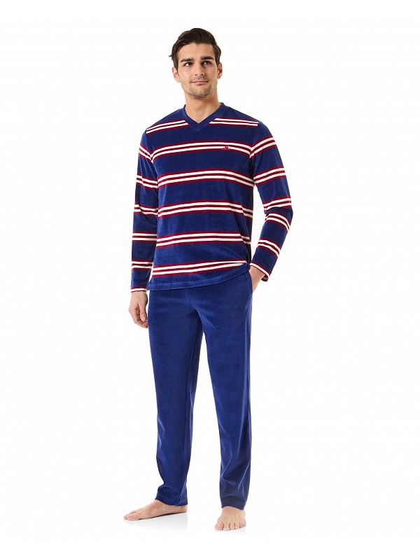 Man with velvet winter pyjamas stripes