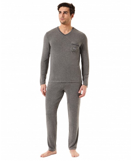 Men's grey plain modal pyjamas with long sleeves and V-neck for winter
