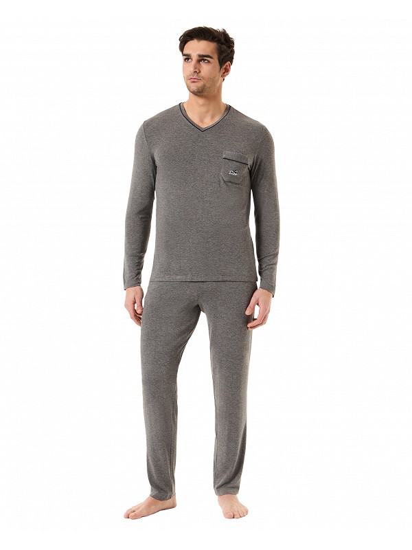 Men's grey plain modal pyjamas with long sleeves and V-neck for winter